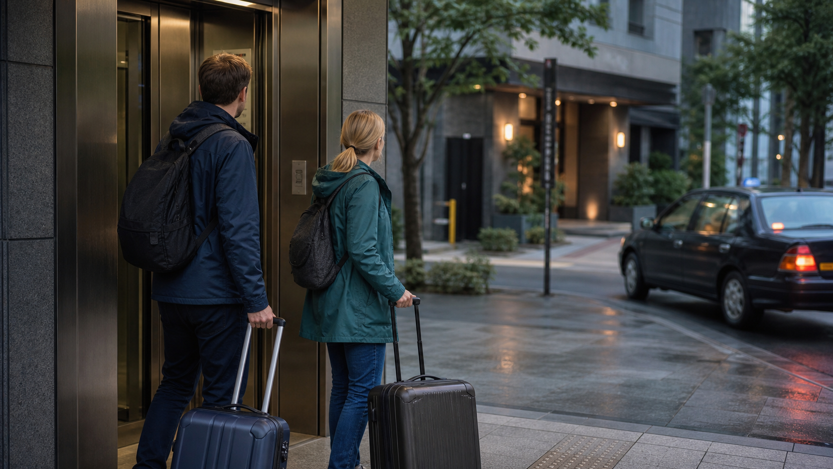 Travelers choosing between walking and a short taxi ride to their hotel