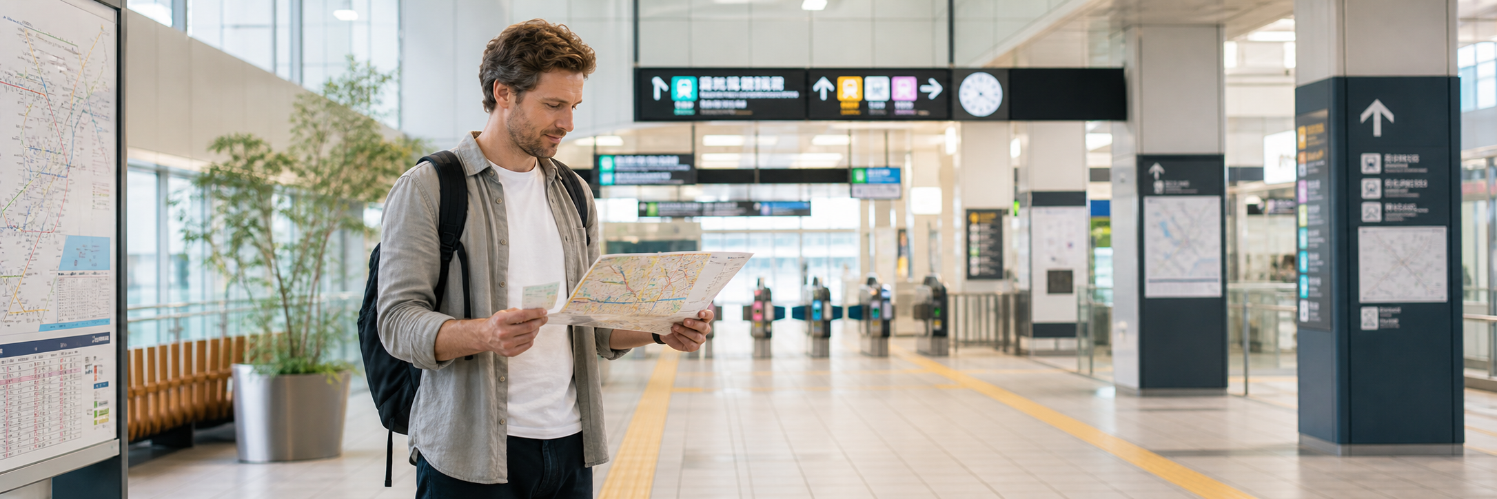 Traveler checking a transit map in a bright Japanese station
