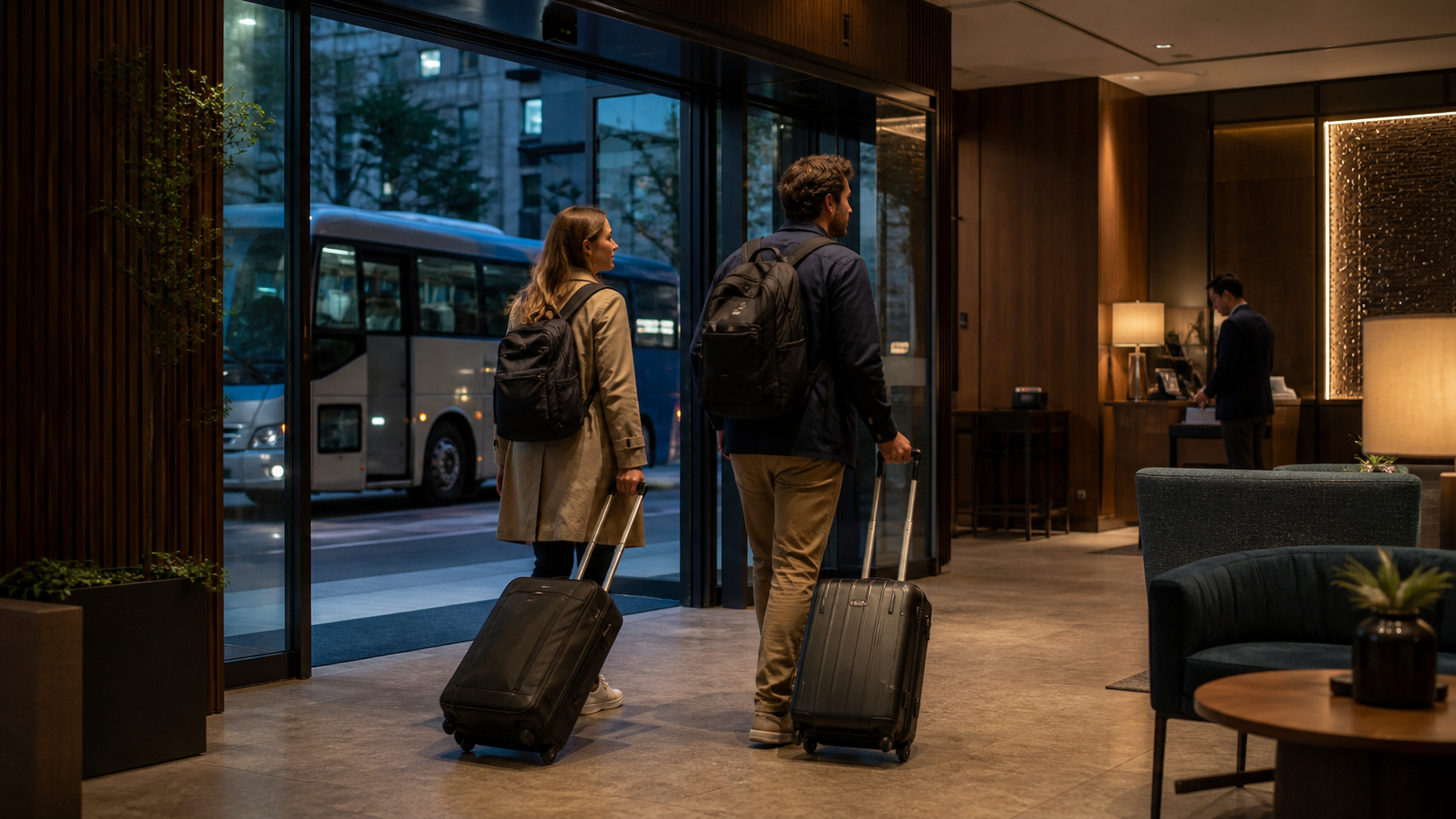 Travelers arriving at a city hotel from an airport coach