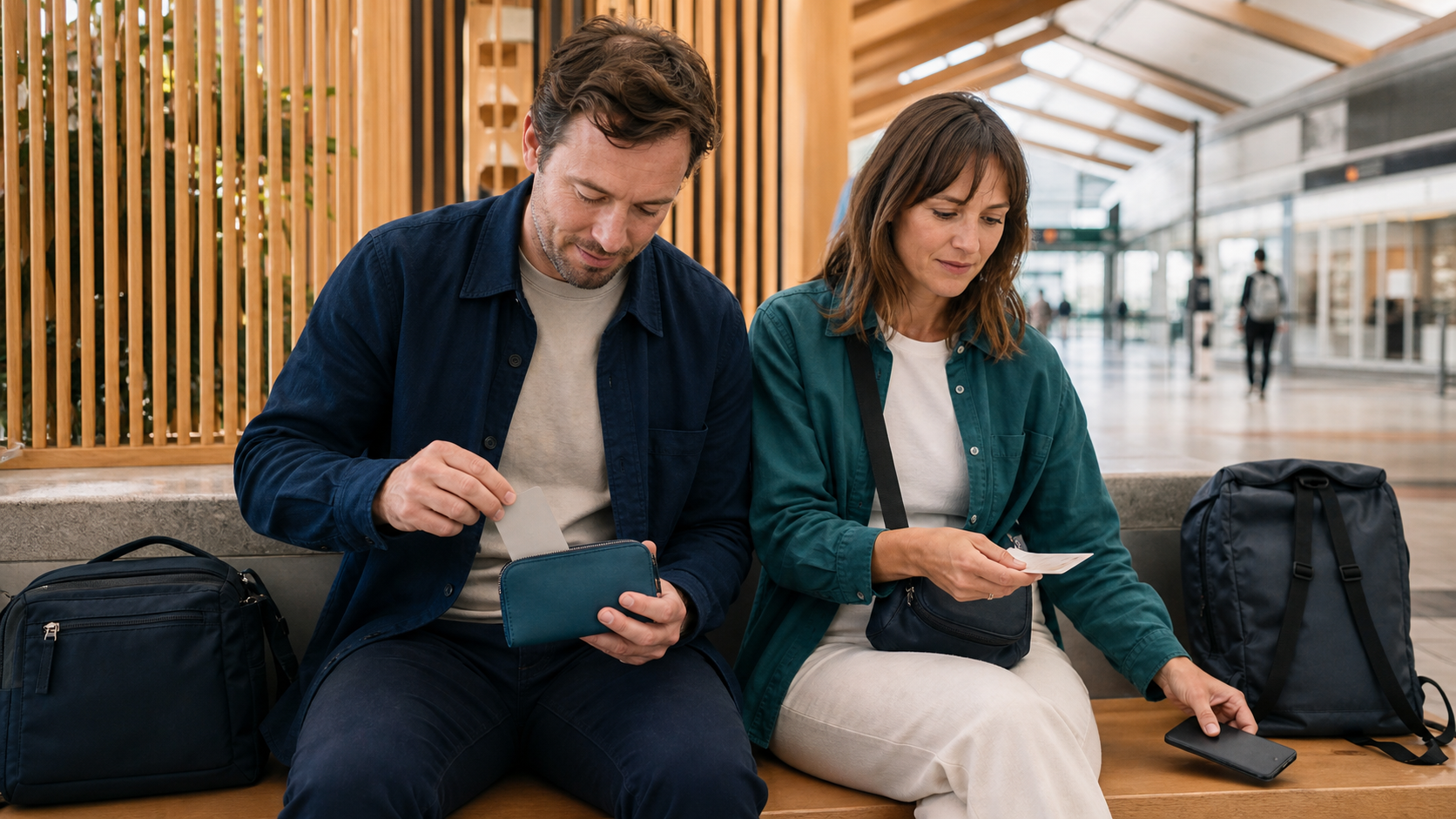 Travelers preparing an IC card and paper ticket before boarding