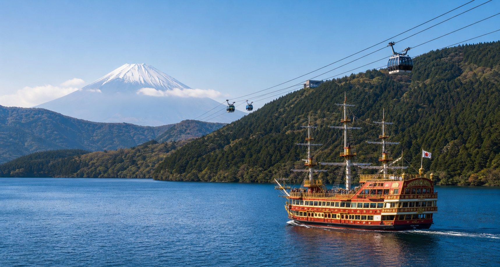 Lake Ashi in Hakone with Mount Fuji, sightseeing ship and ropeway