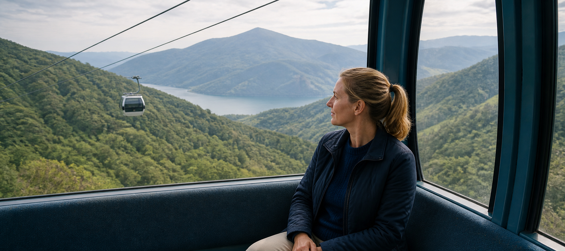 Western traveler seated inside a Hakone ropeway gondola with the lake and mountain route beyond