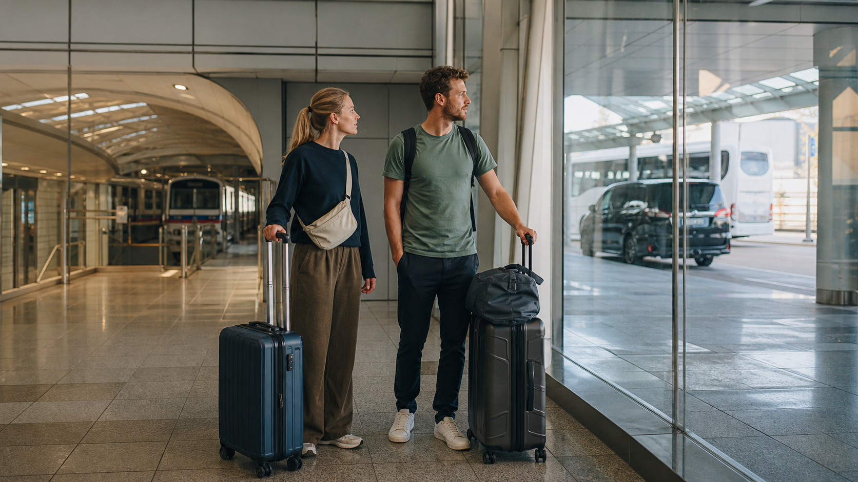 Two travelers with luggage choosing between rail and road transport at an airport