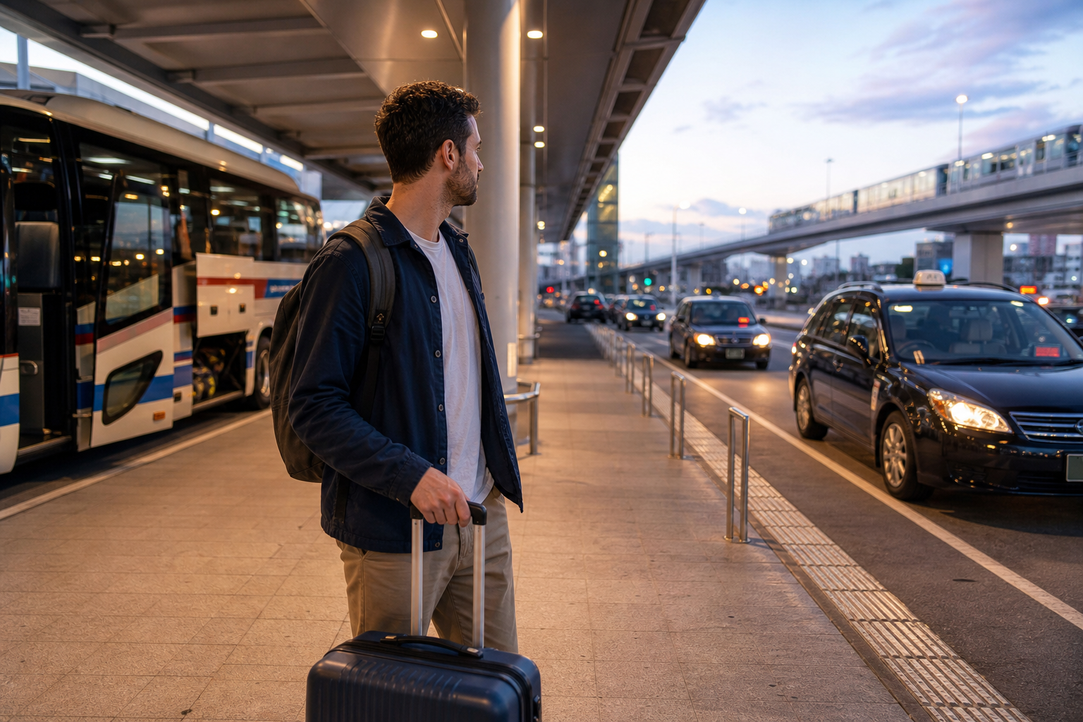 Traveller comparing Haneda Airport transfer options at an airport curbside