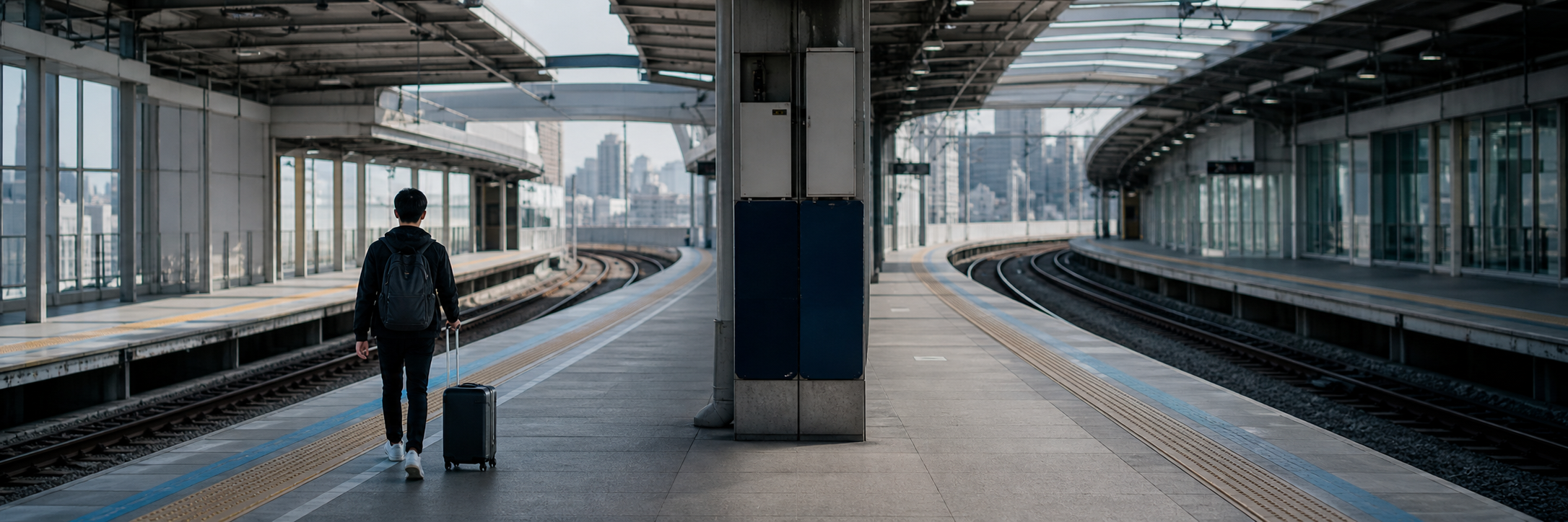 Traveler choosing between rail paths for the journey from Haneda toward Shibuya