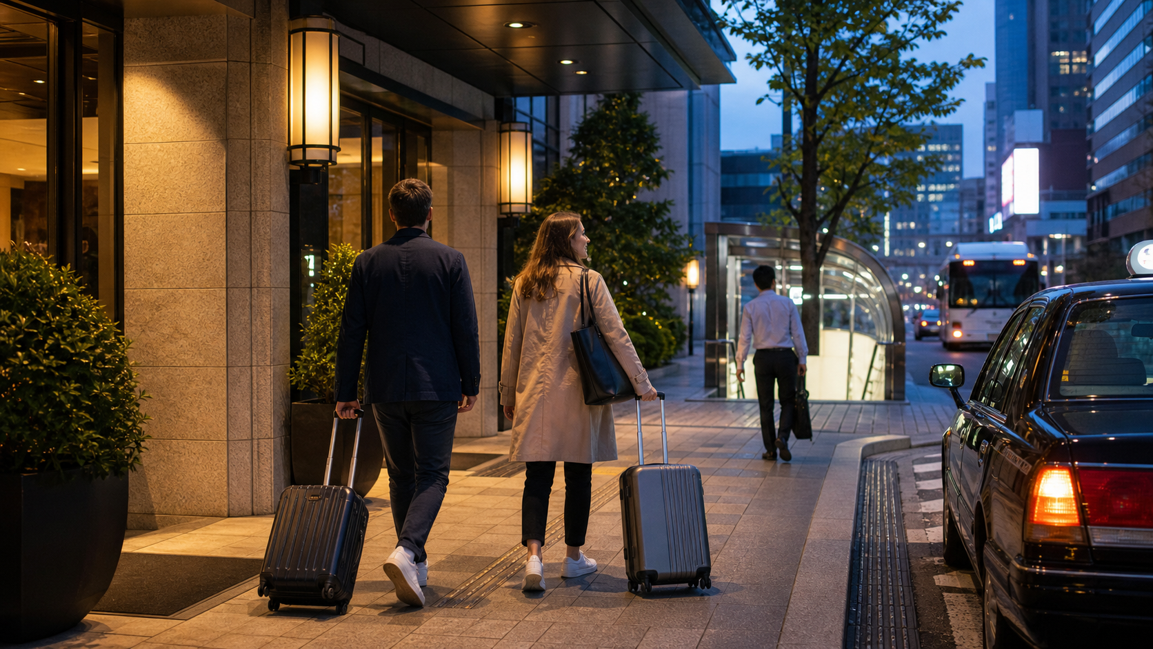 Two travelers arriving with luggage at a Shinjuku hotel near taxi bus and subway options