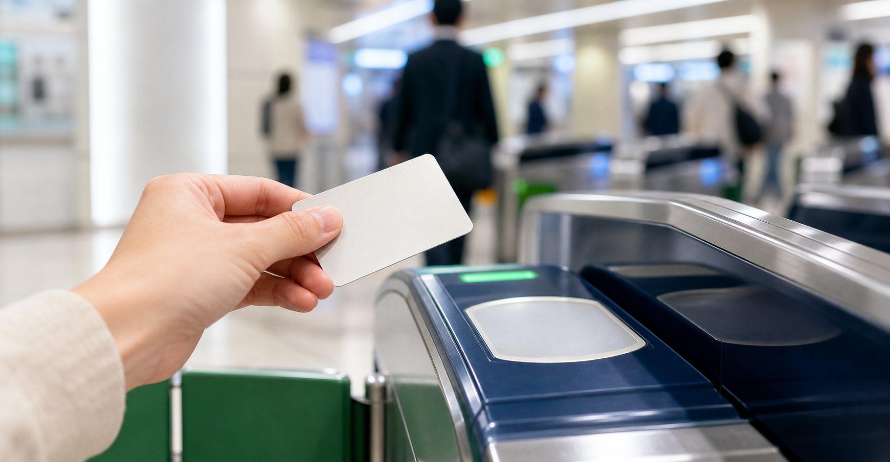 Traveler using an IC card at a Tokyo station ticket gate