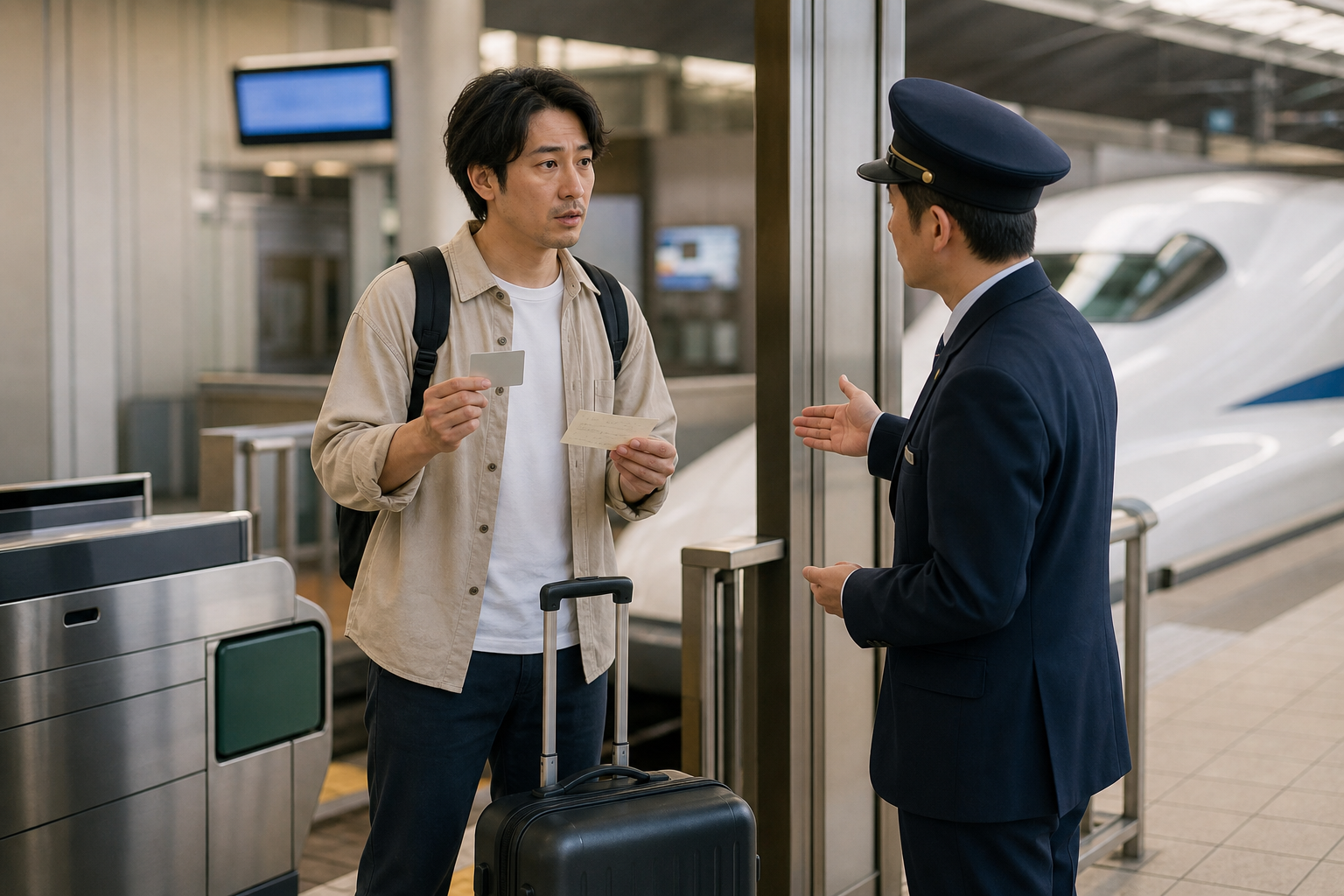 Traveller confirming an IC card and a separate train ticket with station staff before a long-distance train