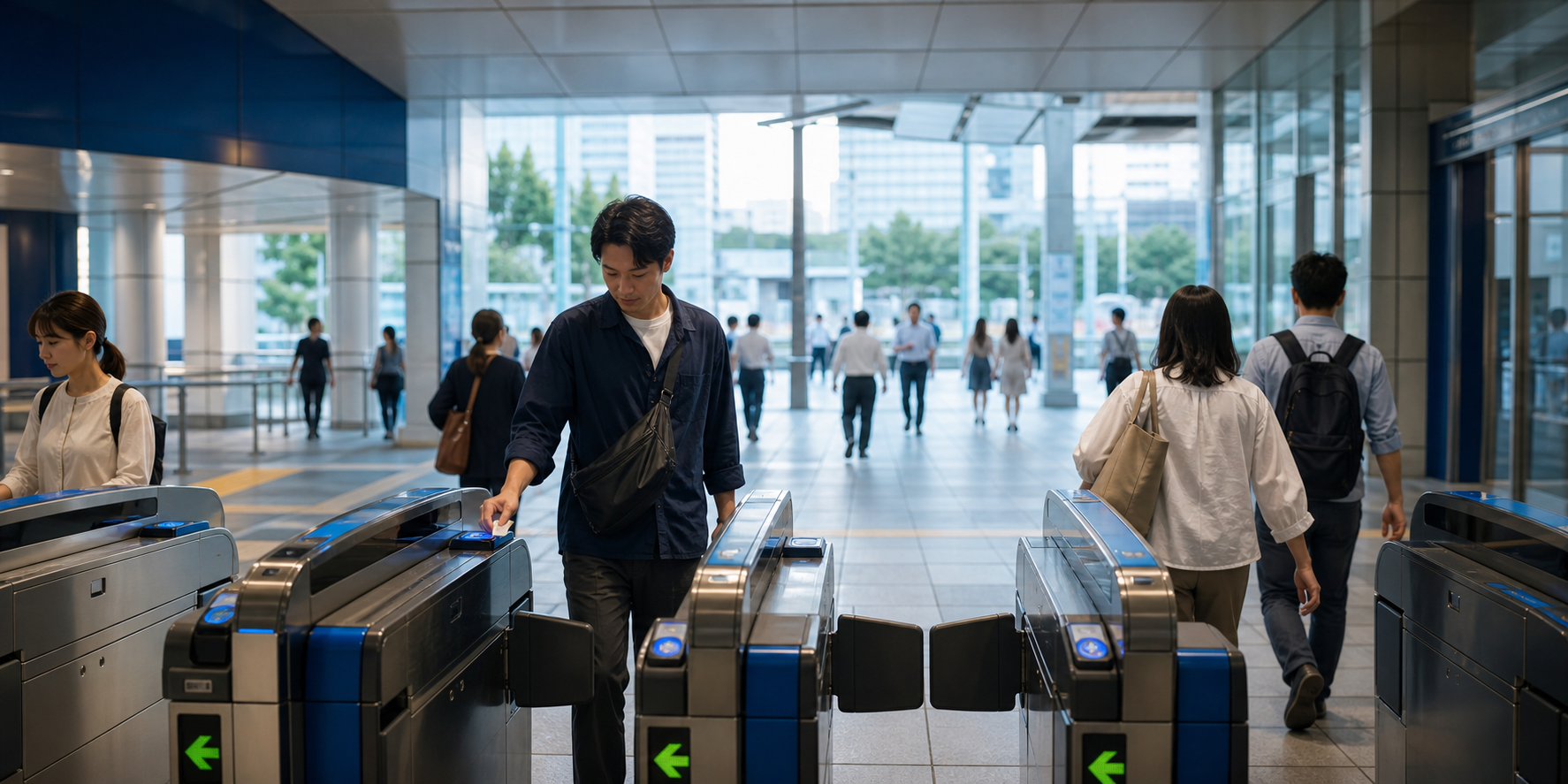 Traveller tapping an IC card at a Japanese railway ticket gate
