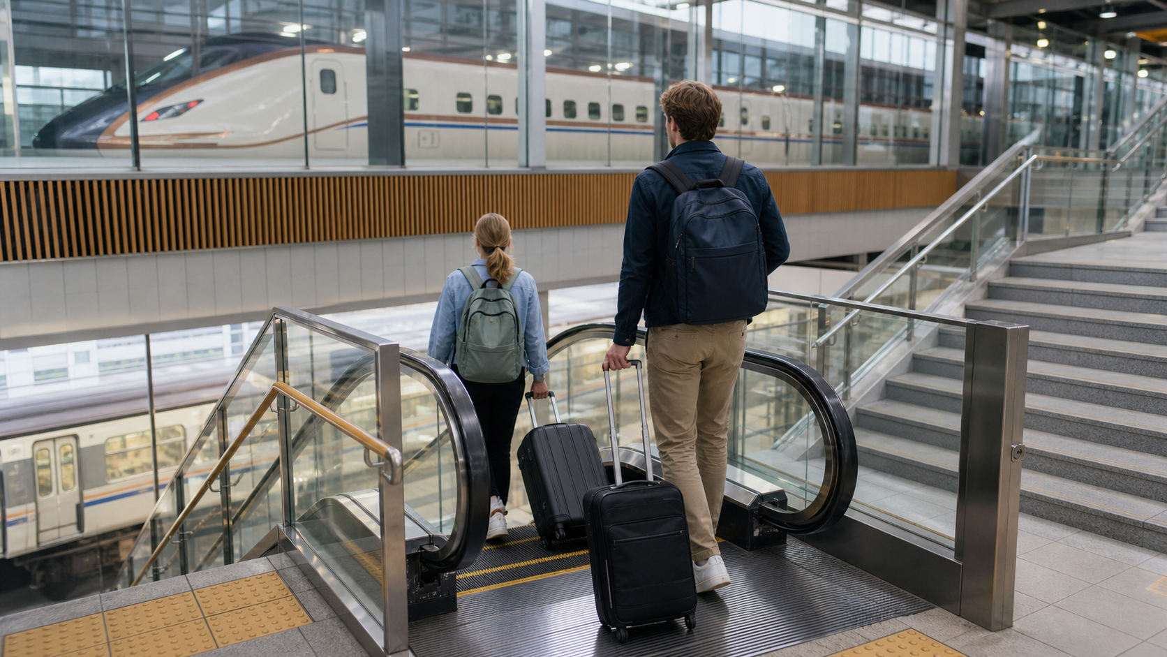 Travelers changing between trains at a modern Japanese station