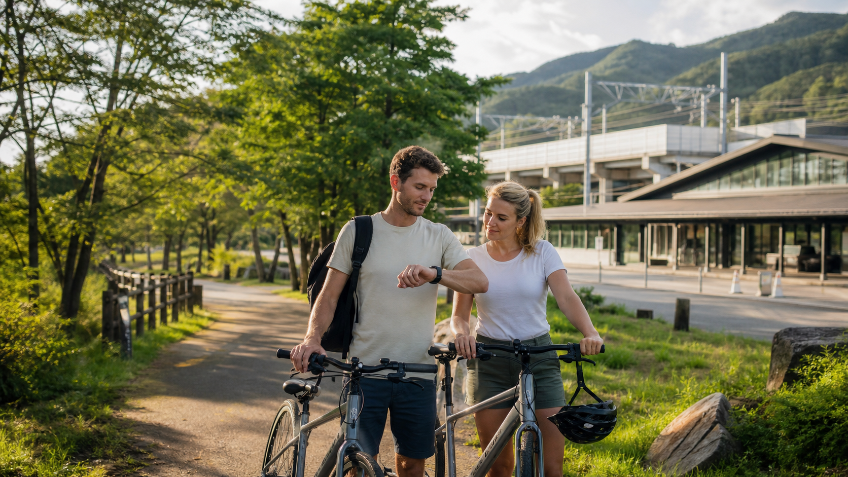 Two travelers preparing to return from a cycling day trip in Karuizawa