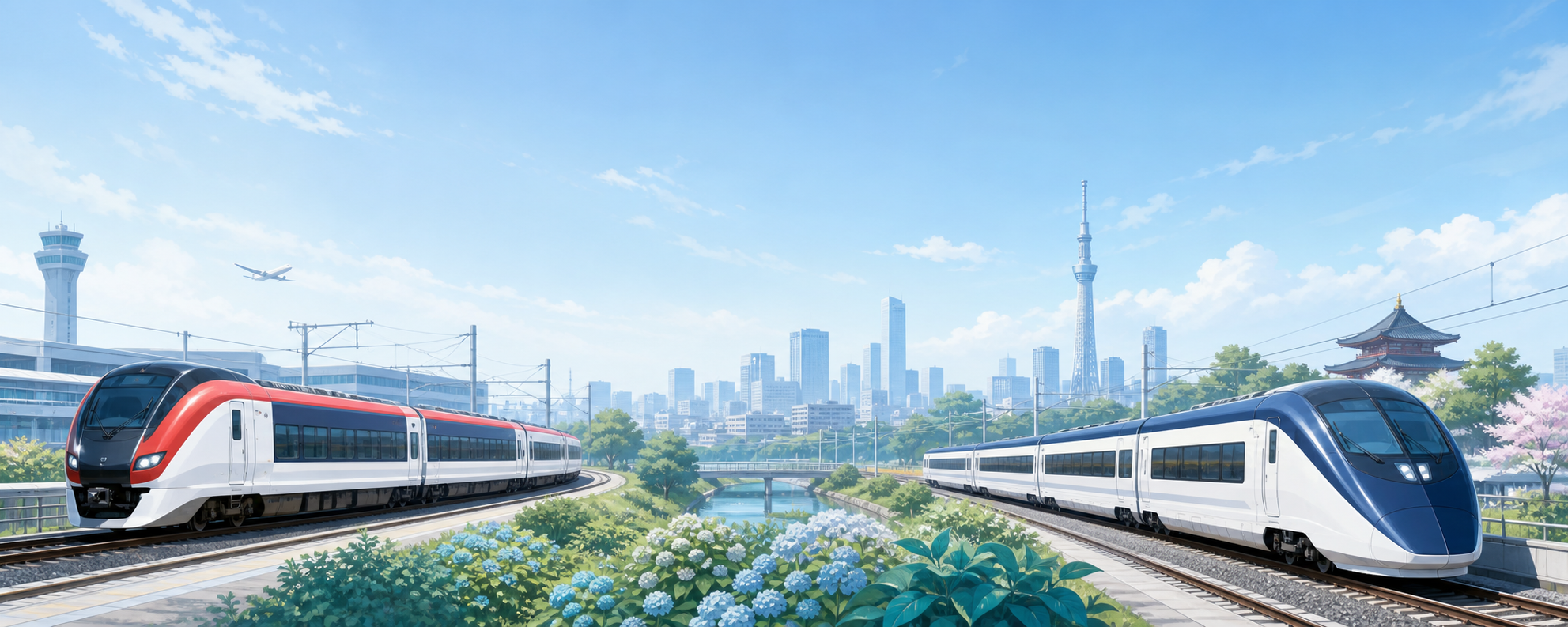Narita Express and Skyliner trains travelling toward Tokyo