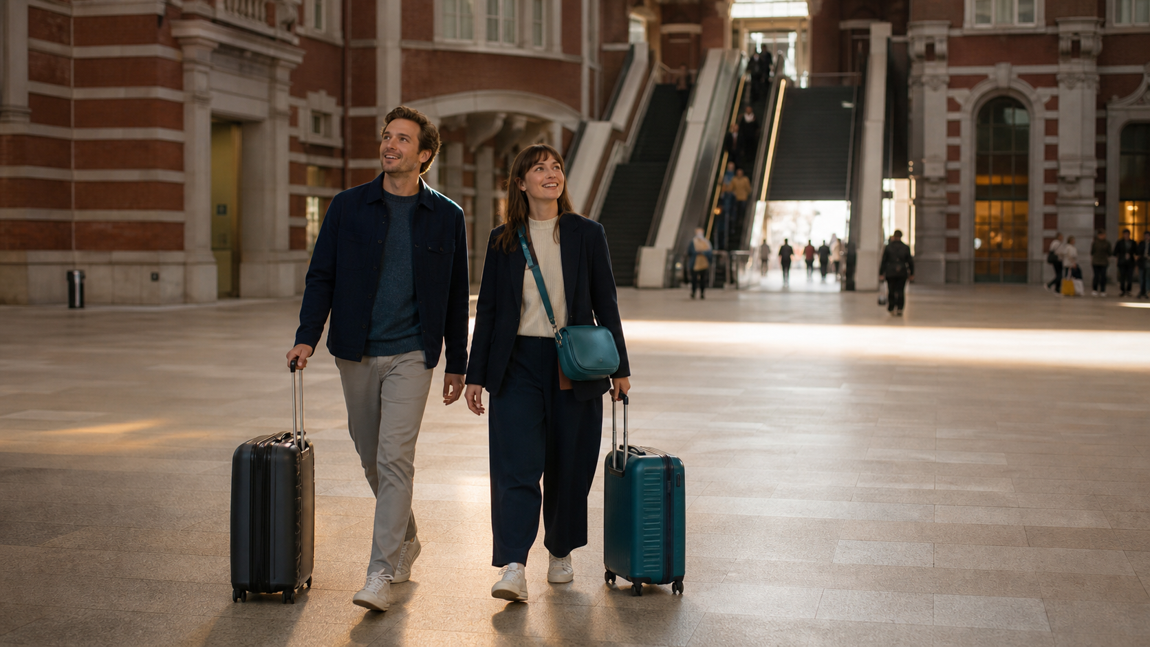 Two travelers arriving inside Tokyo Station with rolling luggage