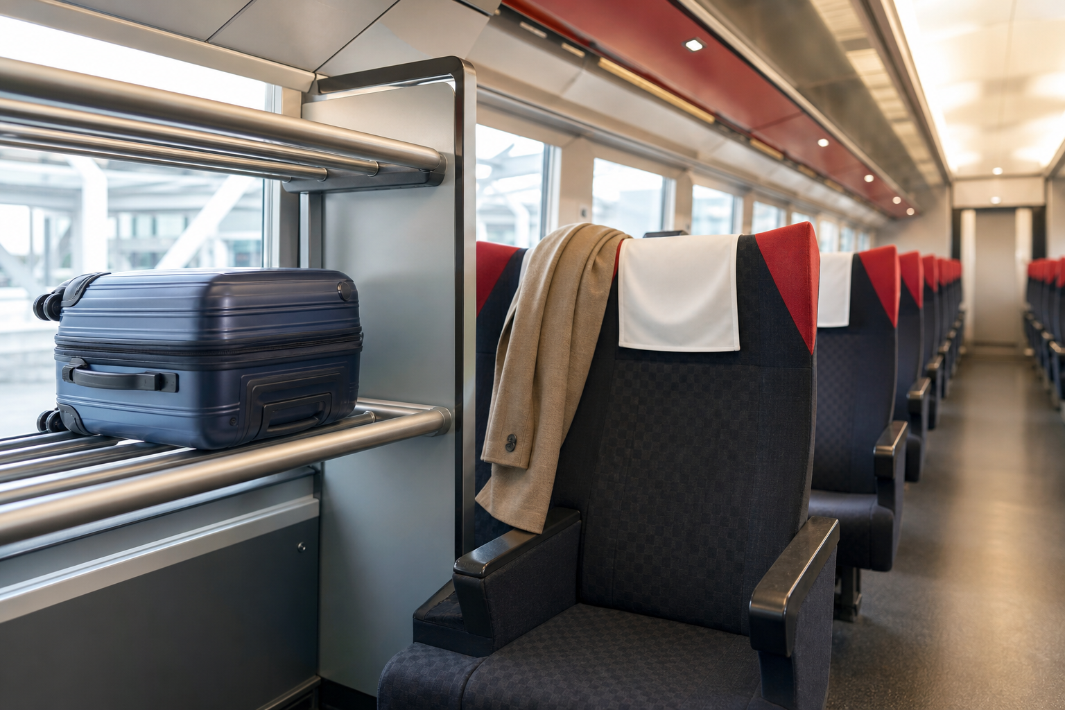 Reserved Narita Express seat and secured luggage in an ordinary car