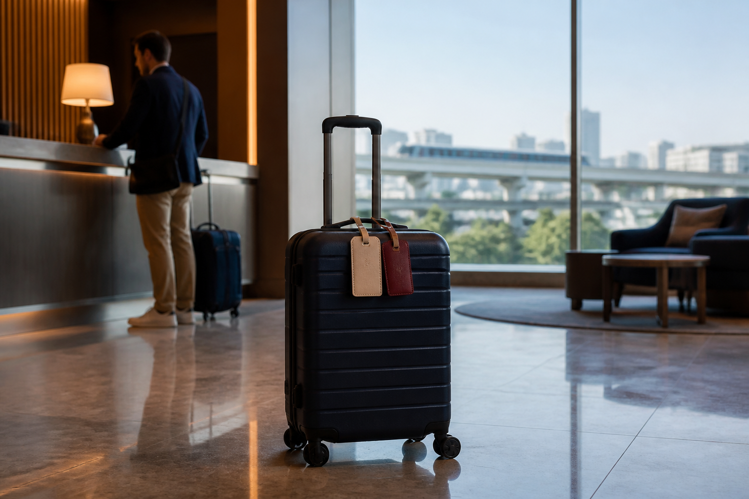Suitcase prepared for the airport return journey from a Tokyo hotel