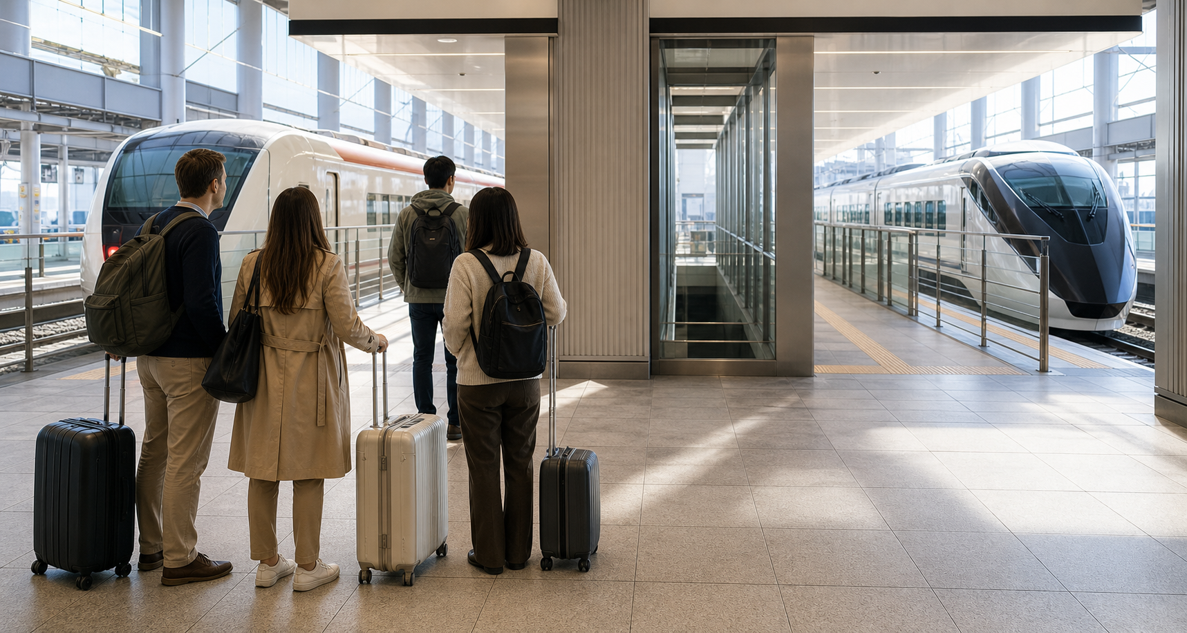 Travellers choosing between two airport rail routes at Narita