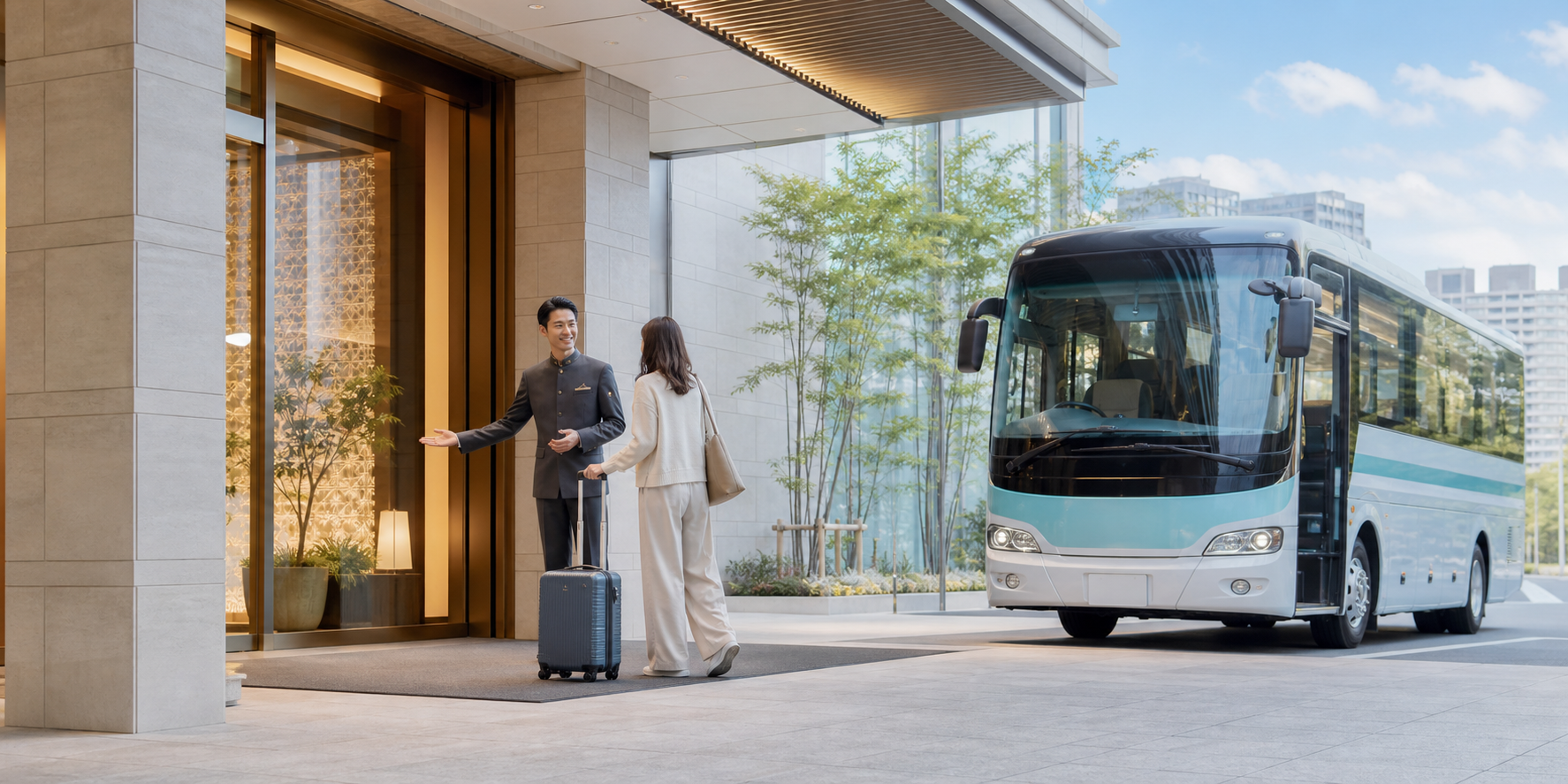 Airport limousine bus arriving at a bright Tokyo hotel entrance as a traveler checks in with luggage