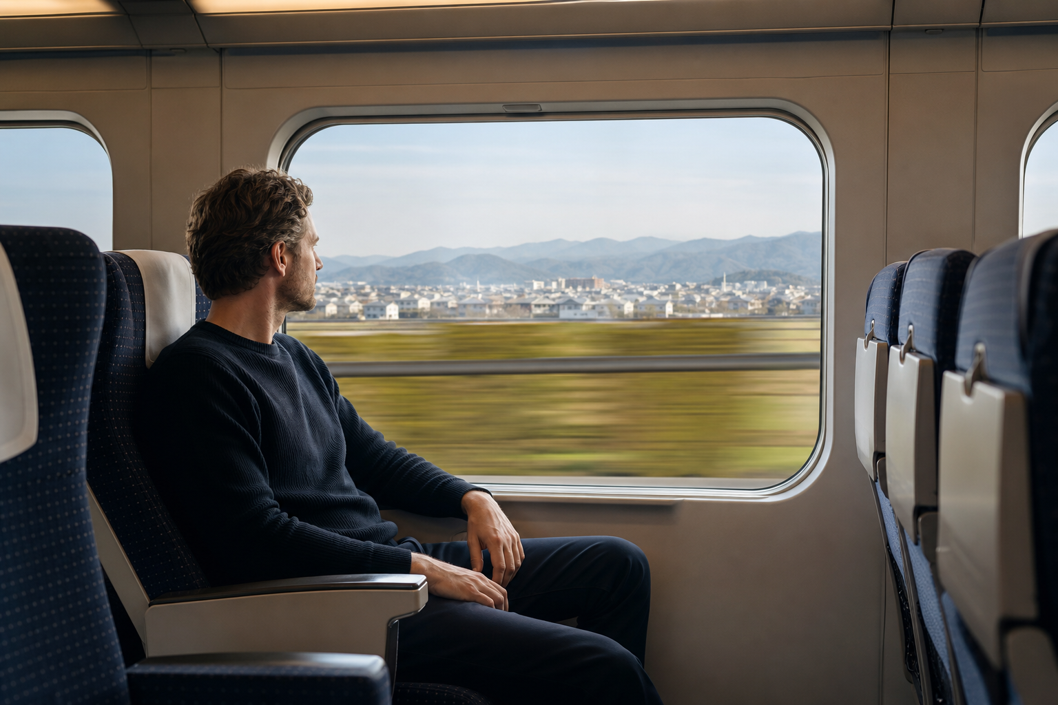 Traveller comparing Shinkansen stopping patterns from inside the train