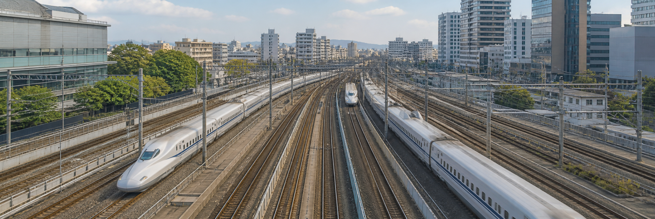 Several high-speed trains following parallel railway paths through a city