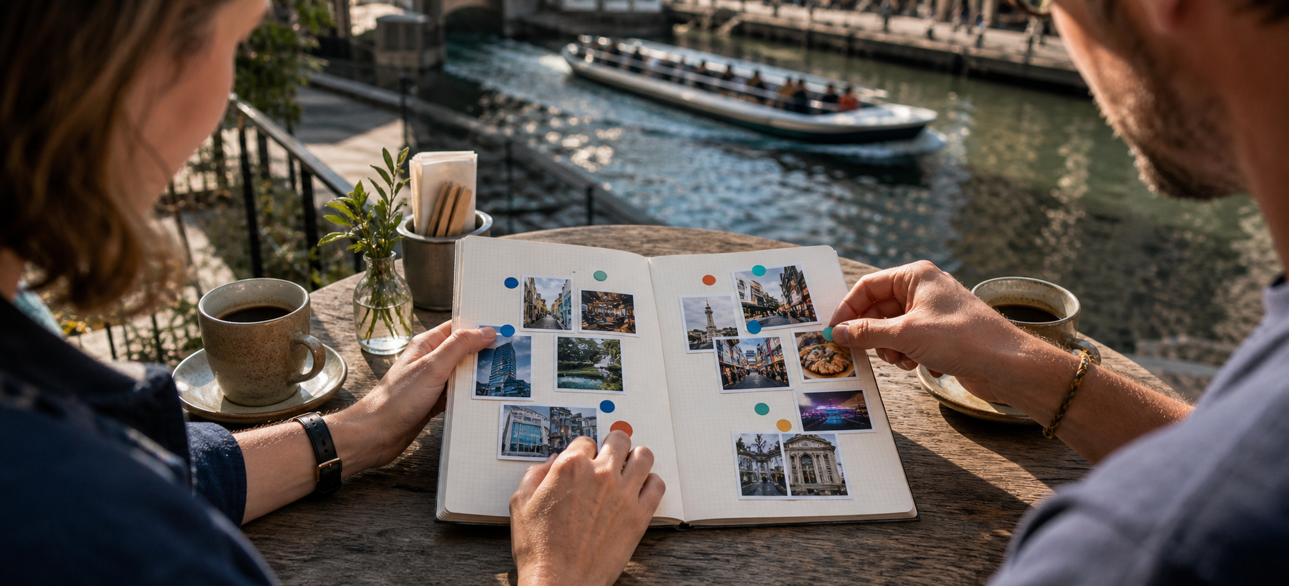 Two travelers dividing Osaka attractions across two pages of a sightseeing plan