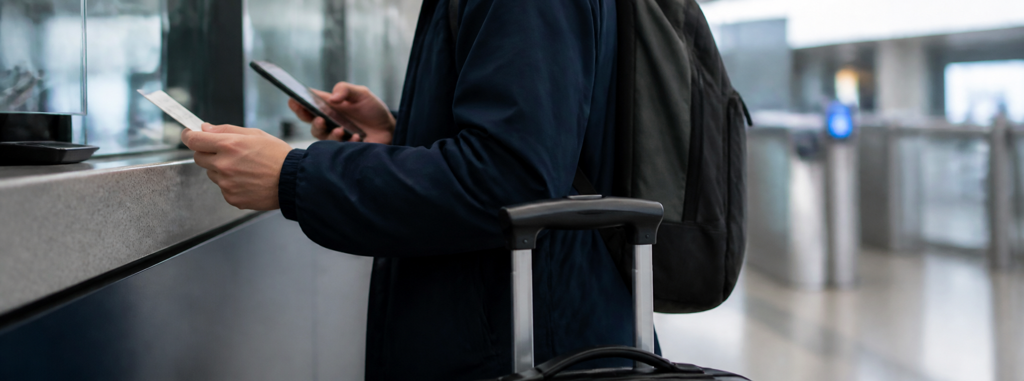 Traveler checking a ticket and phone at an airport railway counter before paying