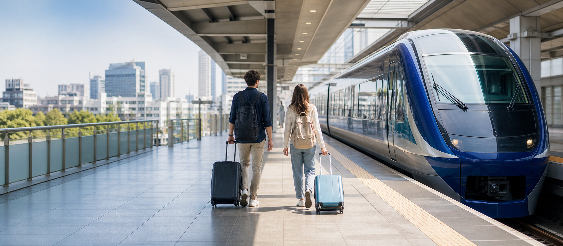 Travelers arriving in Tokyo beside a blue airport train