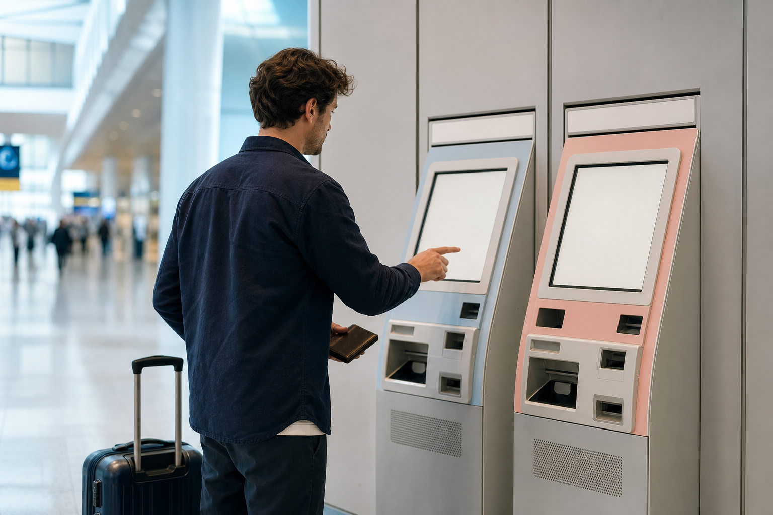 Traveller choosing an available IC card product at airport ticket machines
