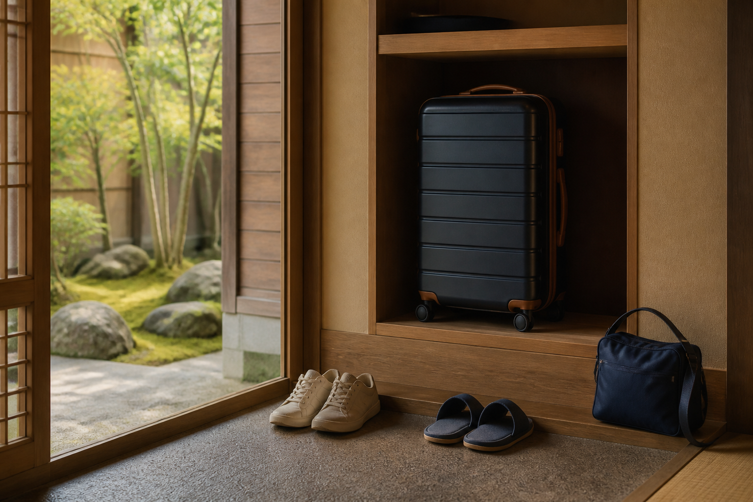 Stored suitcase and day bag after a one-way arrival in Kyoto
