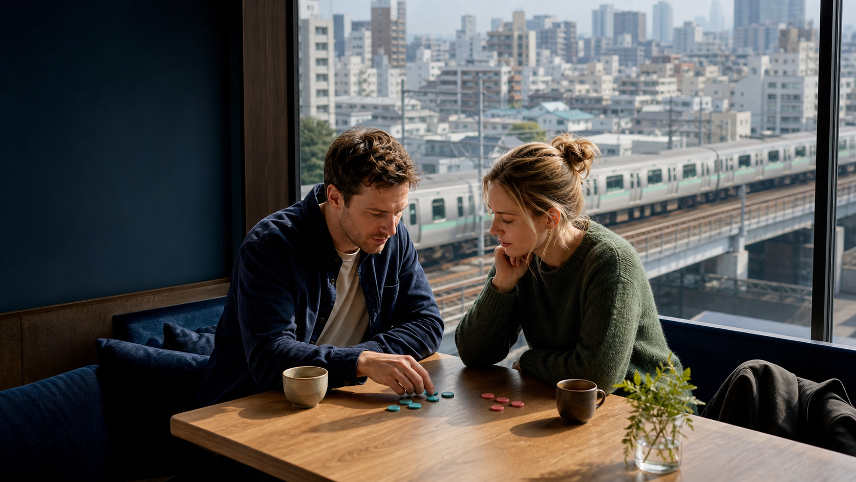 Two travelers comparing local Tokyo train and subway plans at a cafe