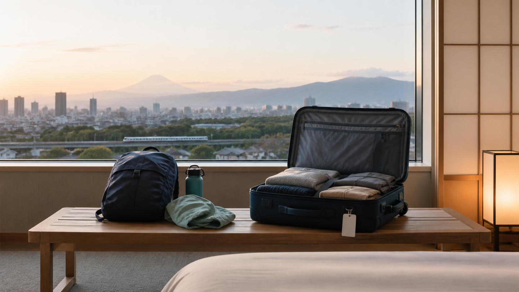 A compact day-trip bag beside luggage packed for a longer journey across Japan