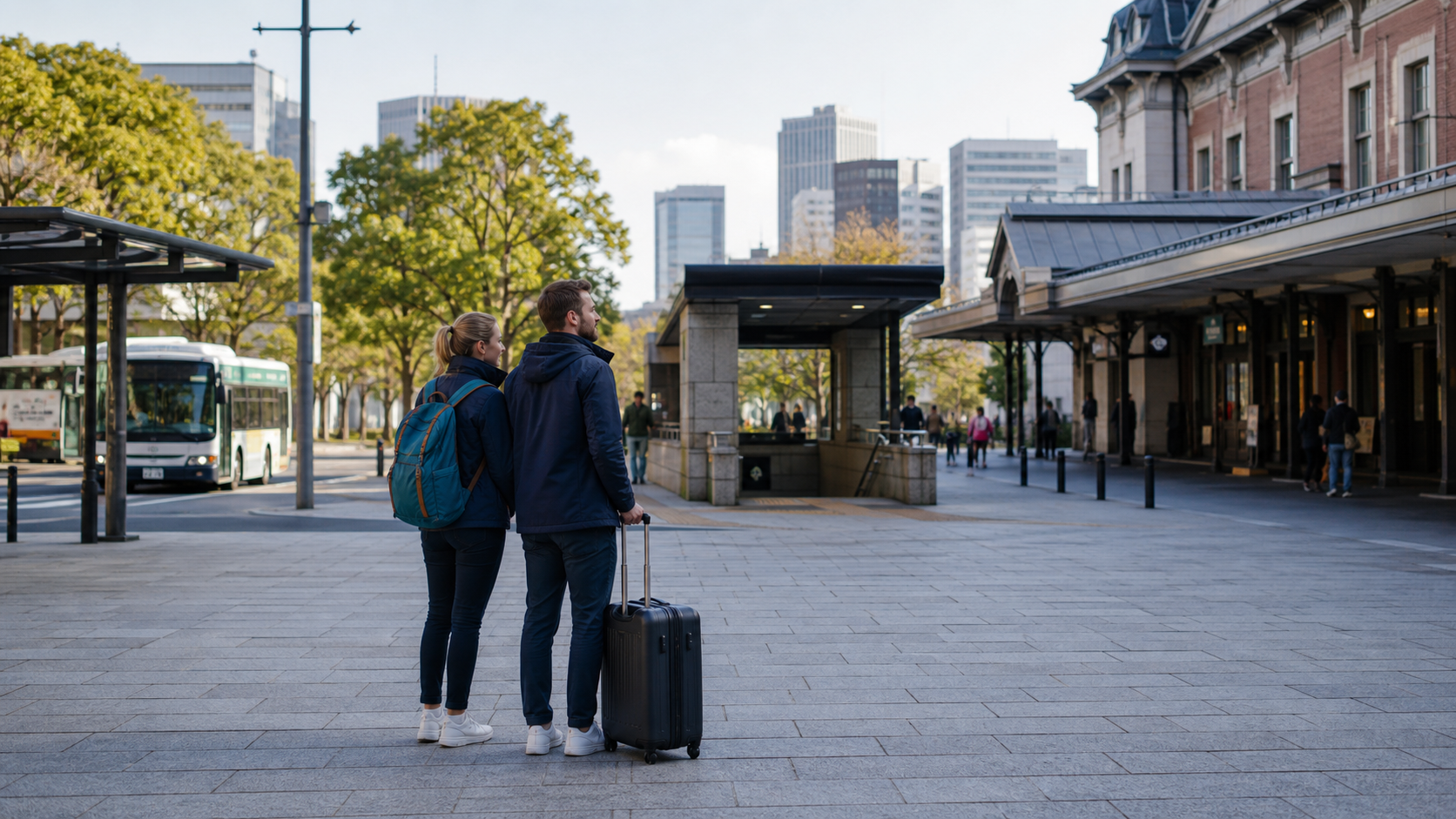 Two travelers choosing between bus, subway and rail connections in a Japanese city