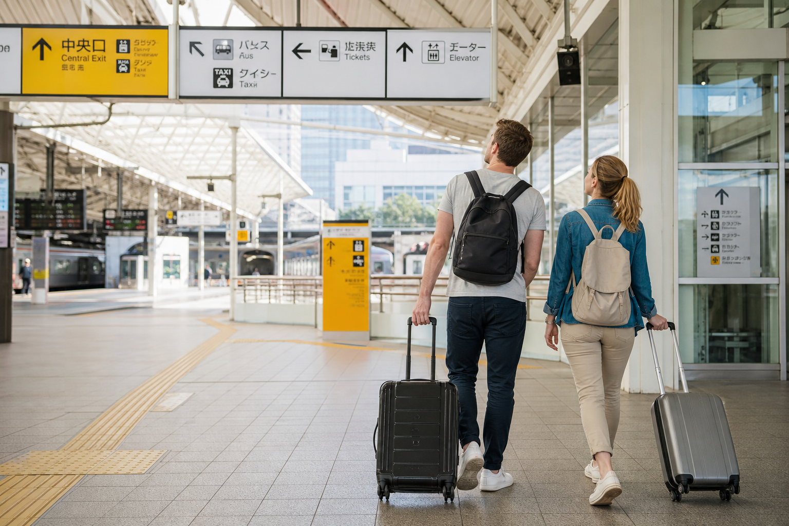 Two travelers checking directions in a bright Japanese railway station