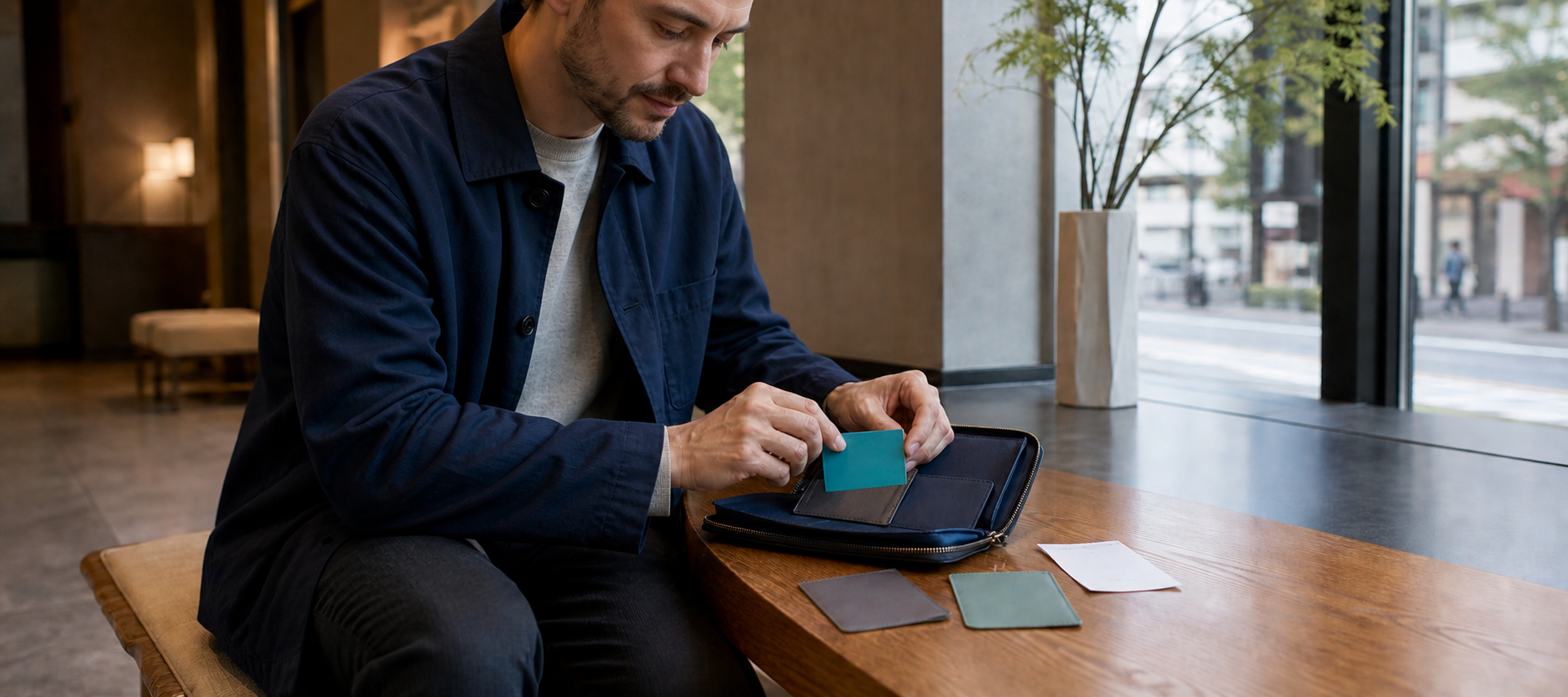 Traveler placing a blank transit card into a travel wallet at a hotel